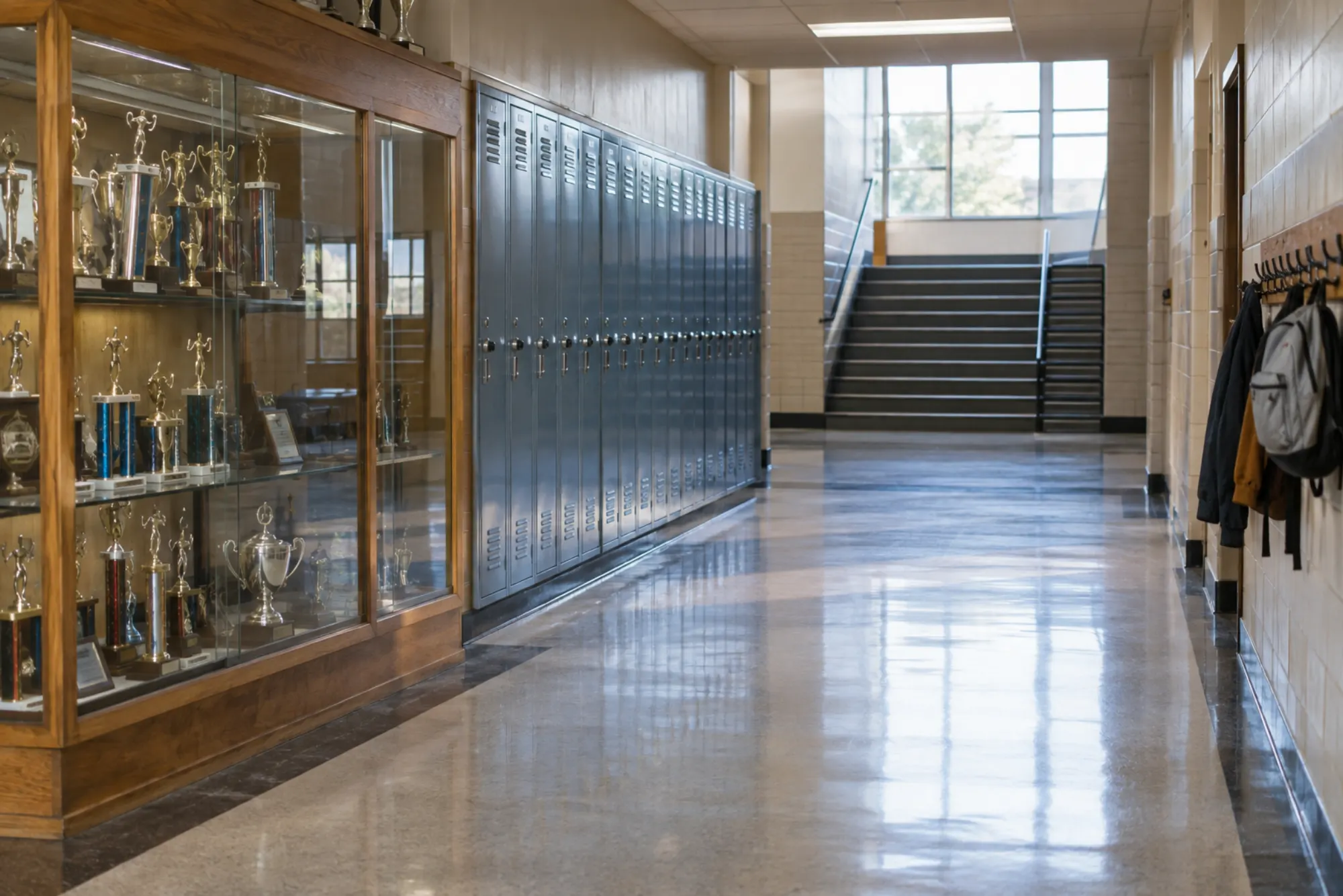 The trophy case and a row of lockers in the school hallway, morning light from the stairwell