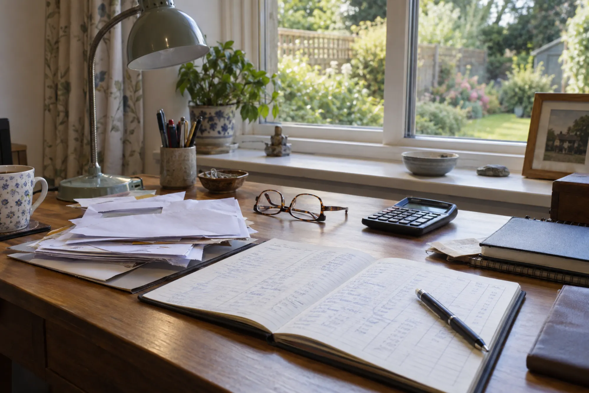 The treasurer&rsquo;s desk at home: opened envelopes, the fund ledger, reading glasses and a calculator by the window