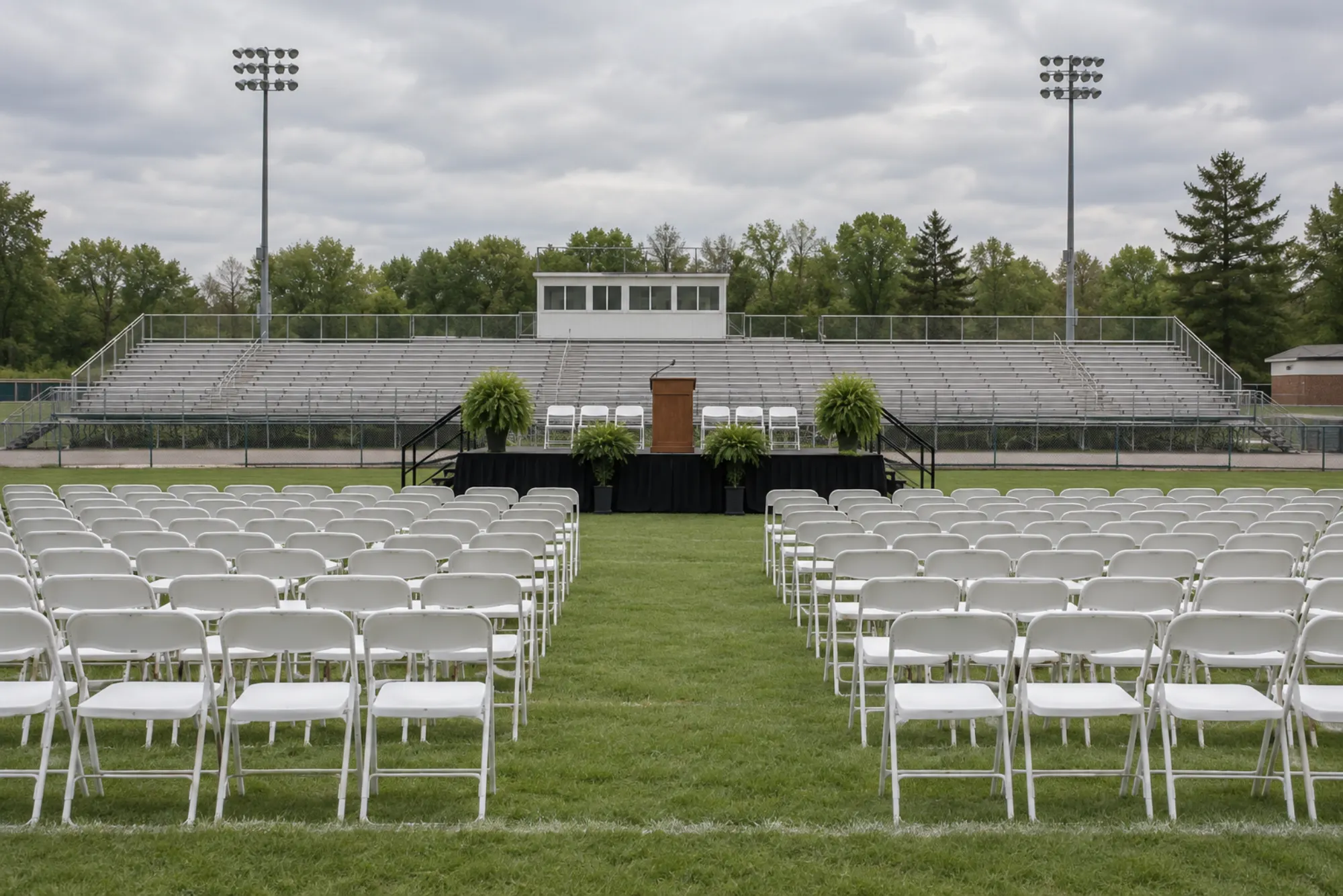 Rows of white folding chairs on the football field facing a small stage, bleachers behind, an overcast May sky