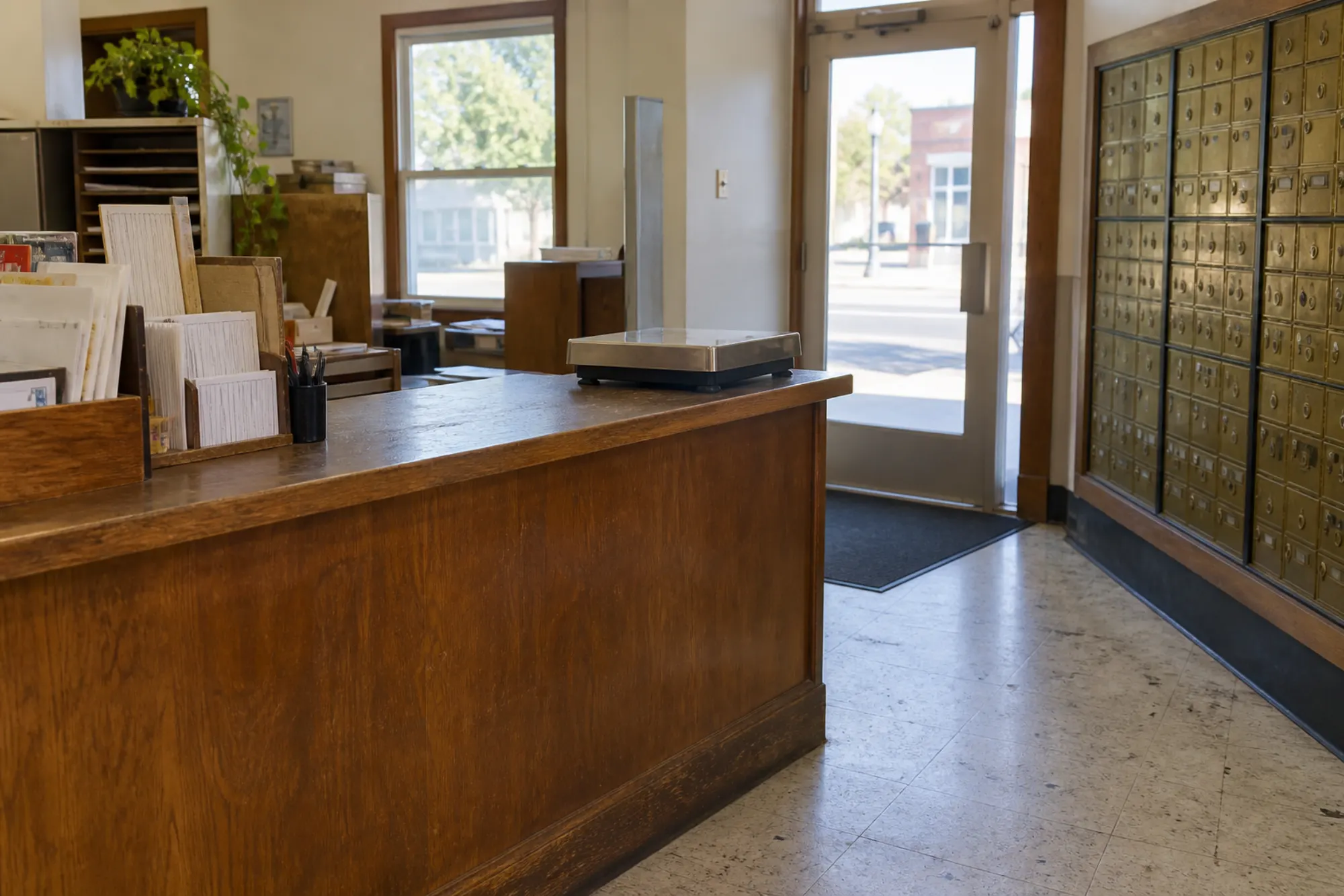 The counter of the small-town post office, a scale and a rack of forms, brass boxes on the side wall