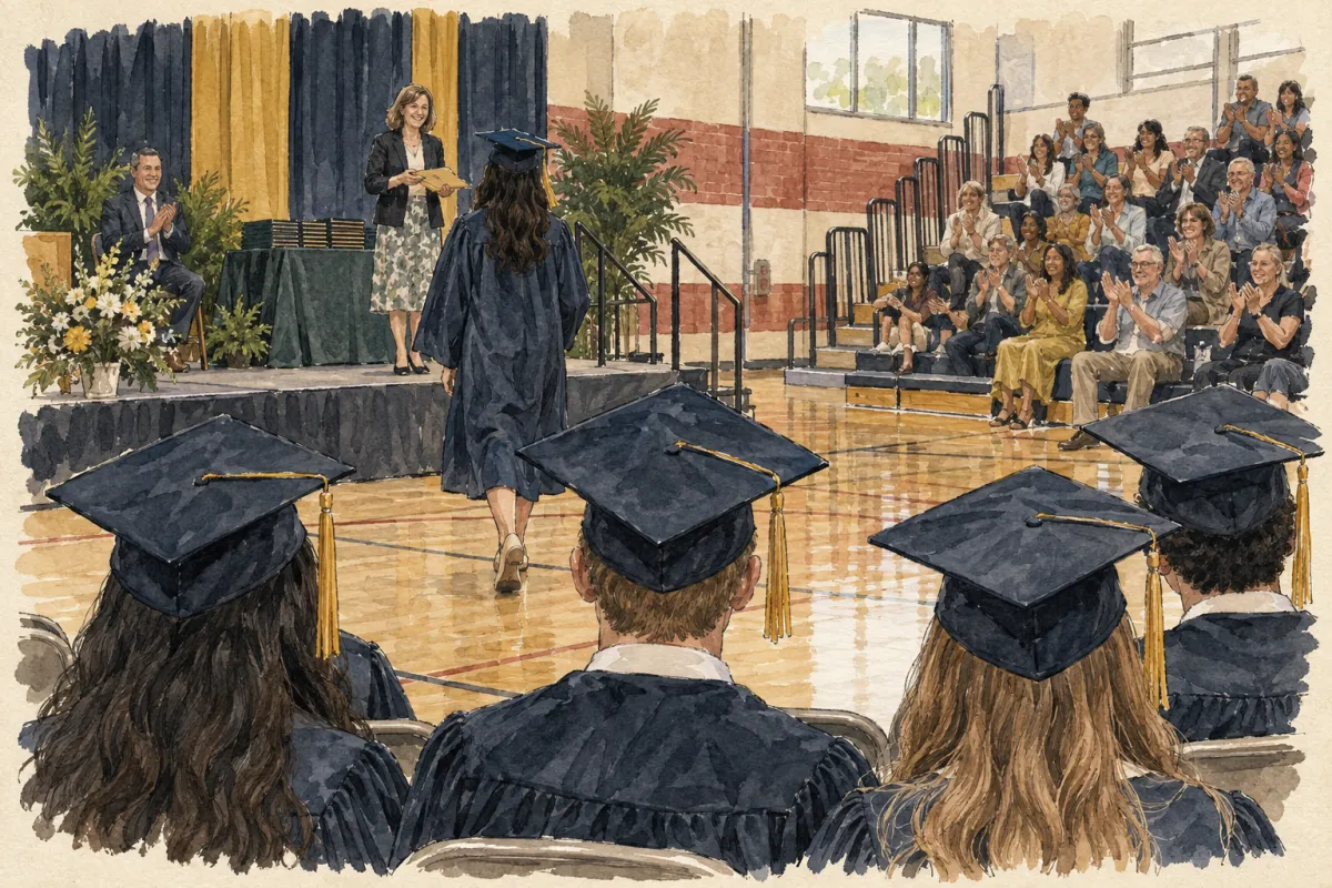Watercolour illustration, seen from behind a row of graduates in caps and gowns, of one walking up to the stage where a presenter waits, families clapping in the bleachers