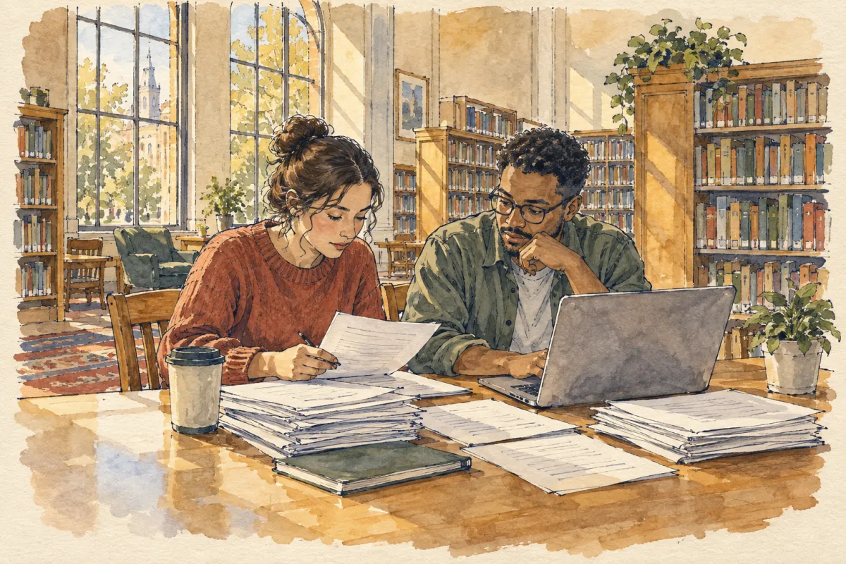 Watercolour illustration of two volunteer reviewers at a library table with stacks of printed applications and a laptop