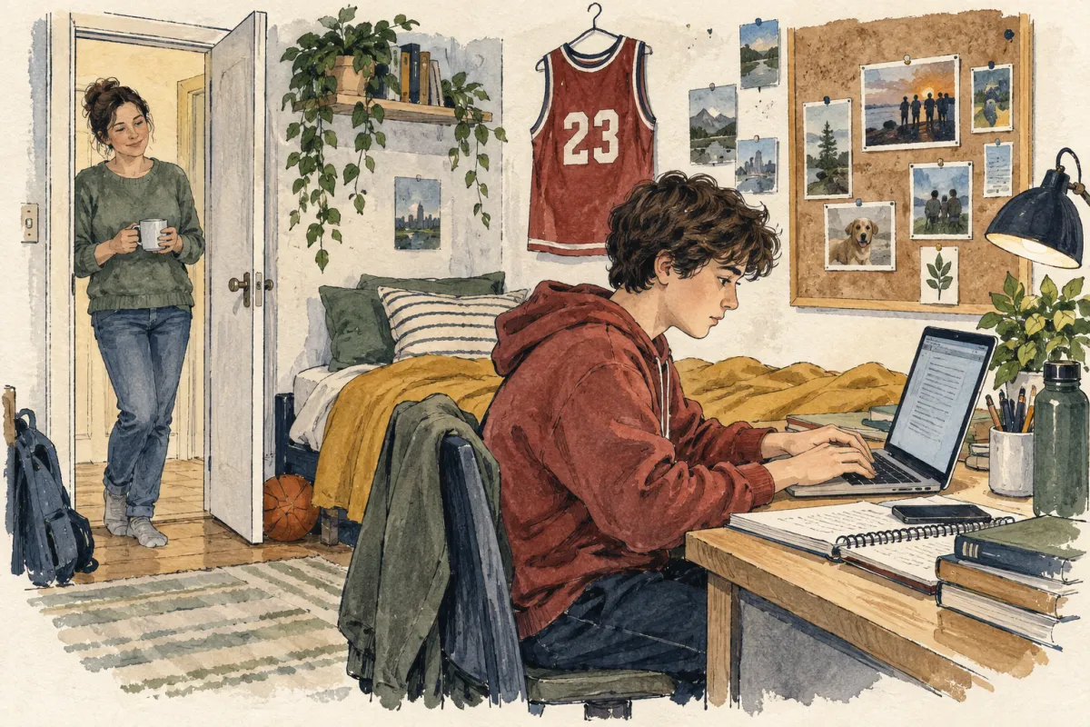 Watercolour illustration of a teenager typing an essay on a laptop at a bedroom desk, a parent leaning in the doorway with a mug